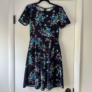 Vintage Lularoe Amelia Fit & Flare Dress Navy Teal Purple Floral Stretchy Small